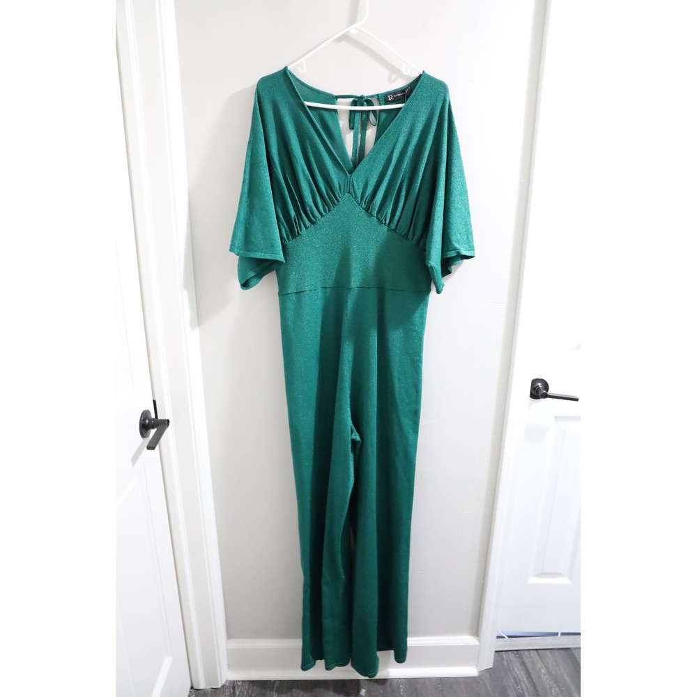New York & Company Green Metallic Wide Leg Jumpsuit Angel Sleeve XL NWT